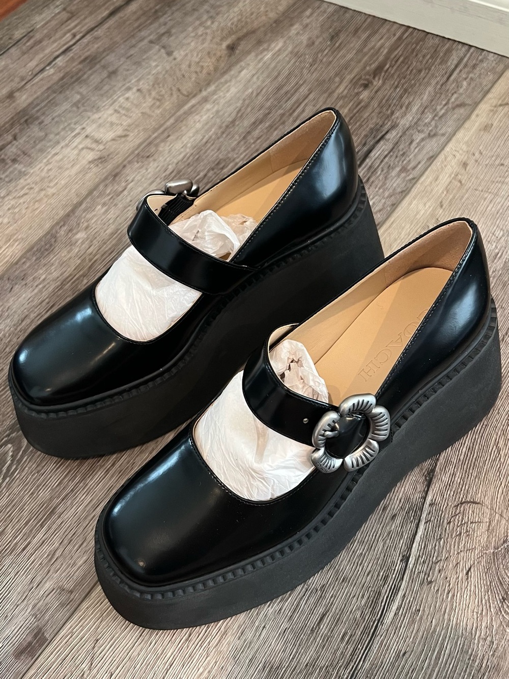 Coach Black Platform Mary Jane Shoes with Floral Buckle